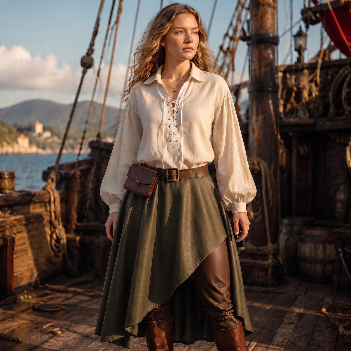 Green Asymmetric Renaissance Costume | Women's Pirate Captain Attire