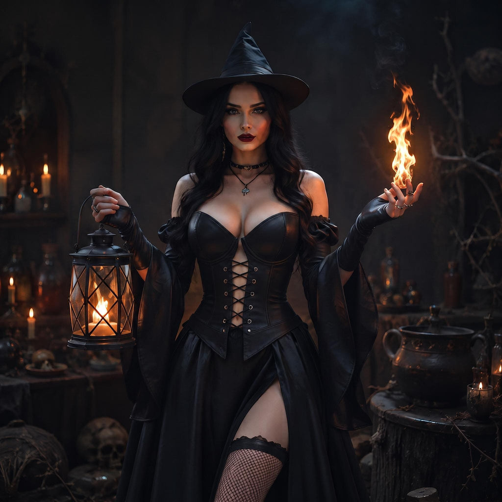 Black Women's Witch Dress | Leather Corset Hat Set | Dark Sorceress Halloween Costume