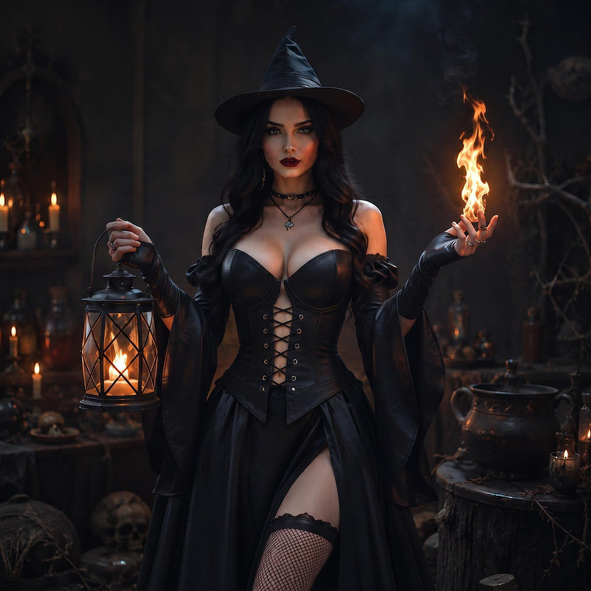 Black Women's Witch Dress | Leather Corset Hat Set | Dark Sorceress Halloween Costume