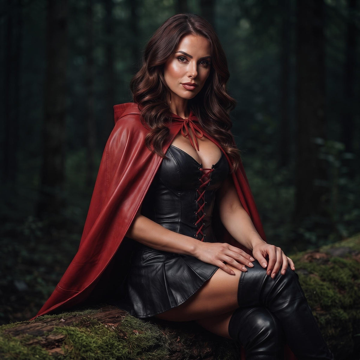 Fairytale Women's Corset Dress | Fantasy Riding Hood Costume | Red Hooded Leather Outfit