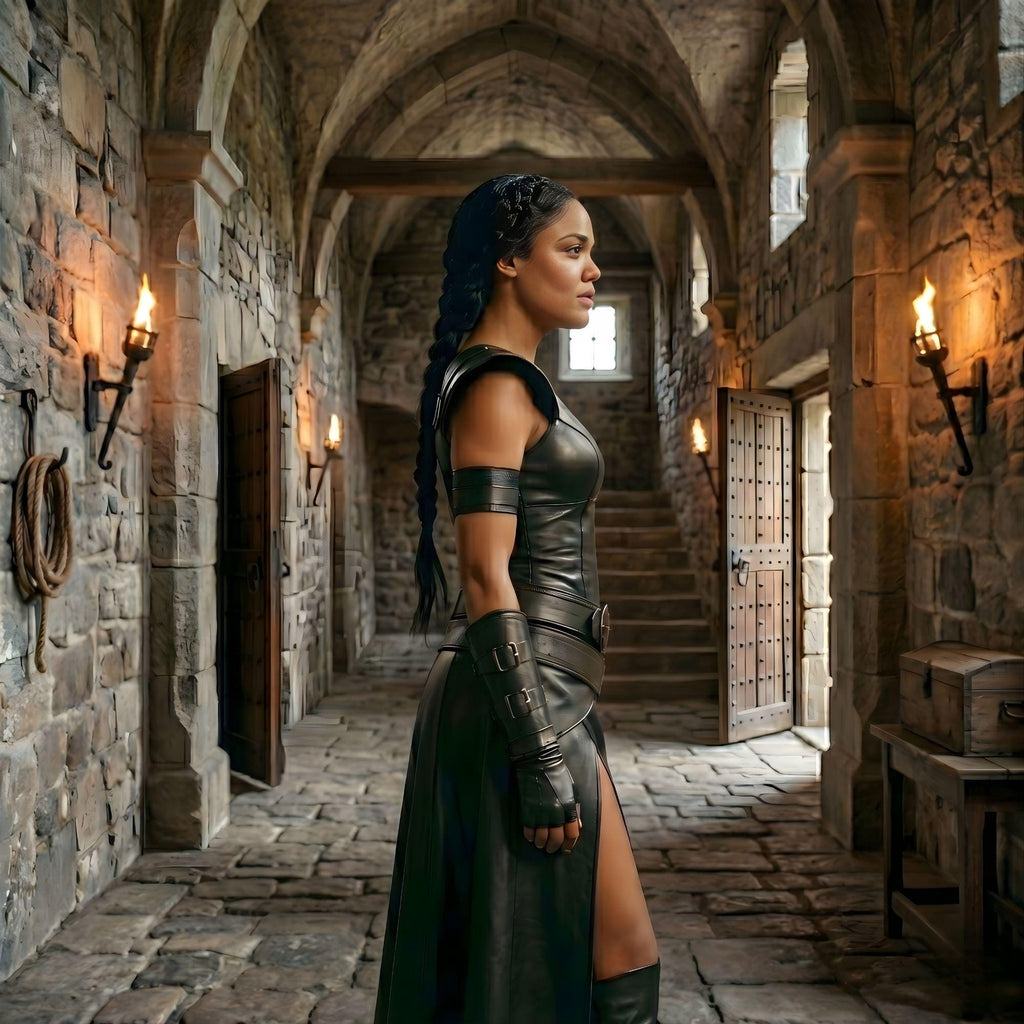 Genuine Leather Warrior Dress | Black Armored Gladiator Costume | High Slit Battle Gown | Women's Fantasy LARP Outfit | Cosplay Armor Set