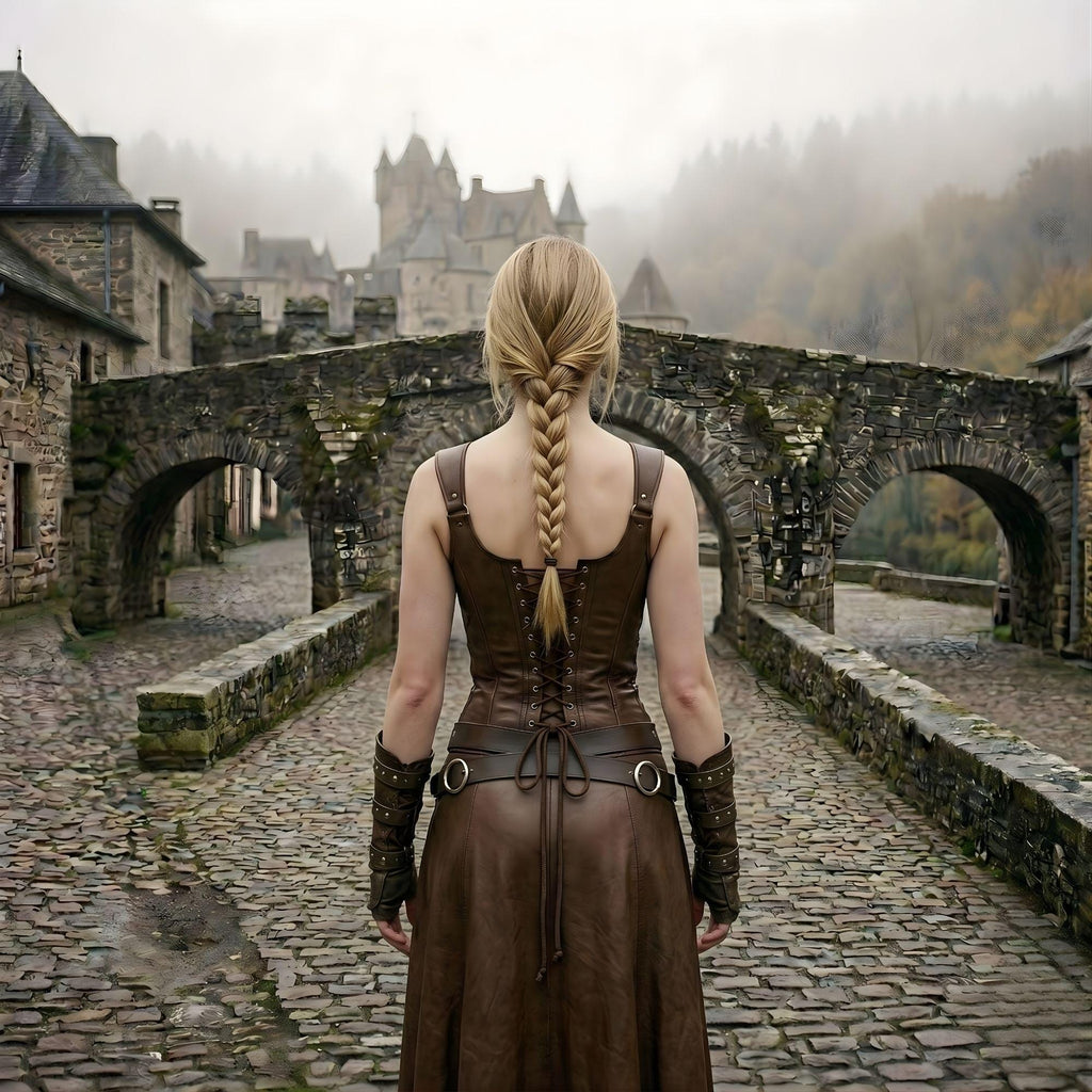 Genuine Leather Warrior Dress | Brown Corset Fantasy Costume | High Slit Battle Skirt | Medieval LARP Outfit For Her | Women Barbarian Armor