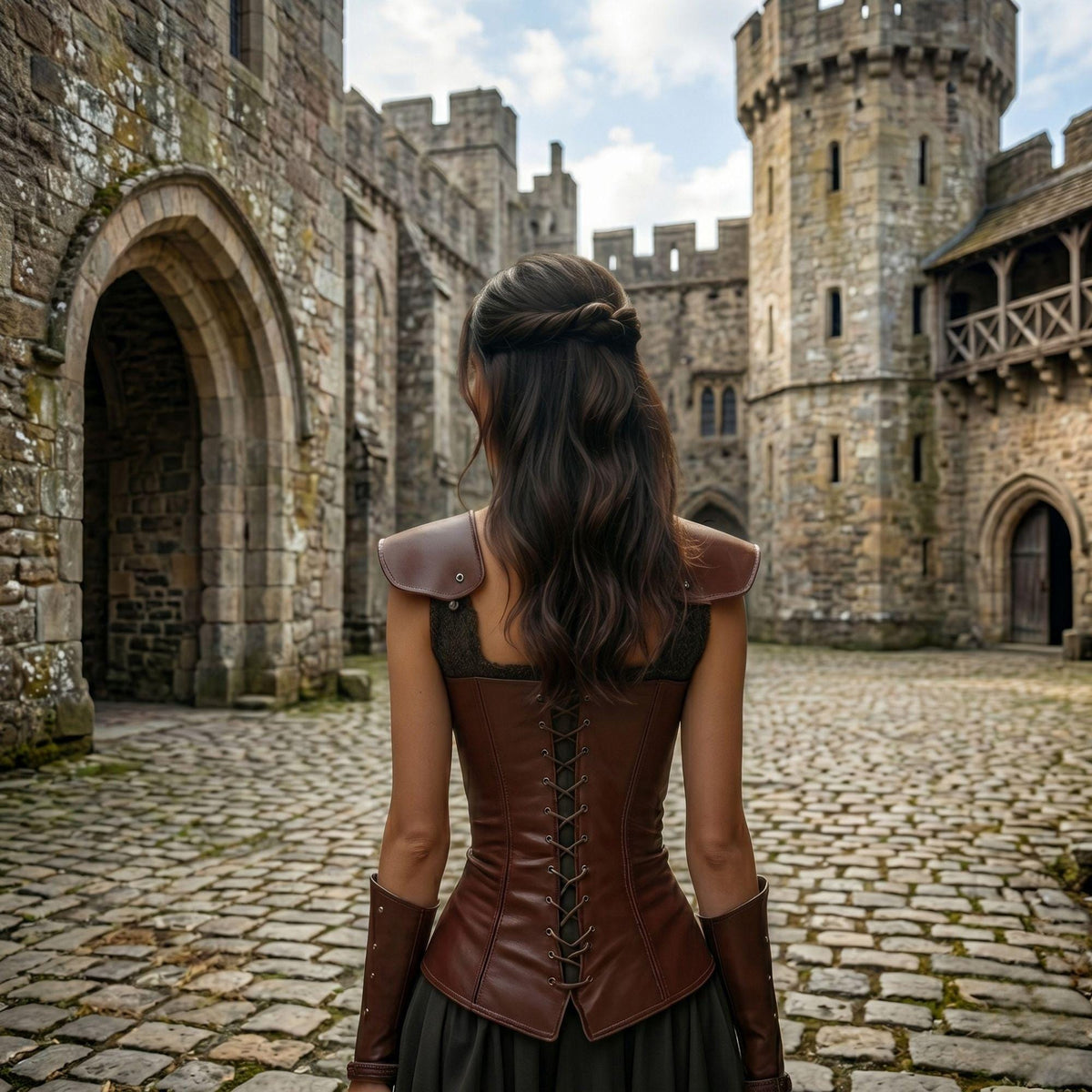 Medieval Corset Armor | Brown Leather Lace-Up Bodice | Fantasy Warrior Costume | Shoulder Armor Detailing | High Quality Genuine Leather