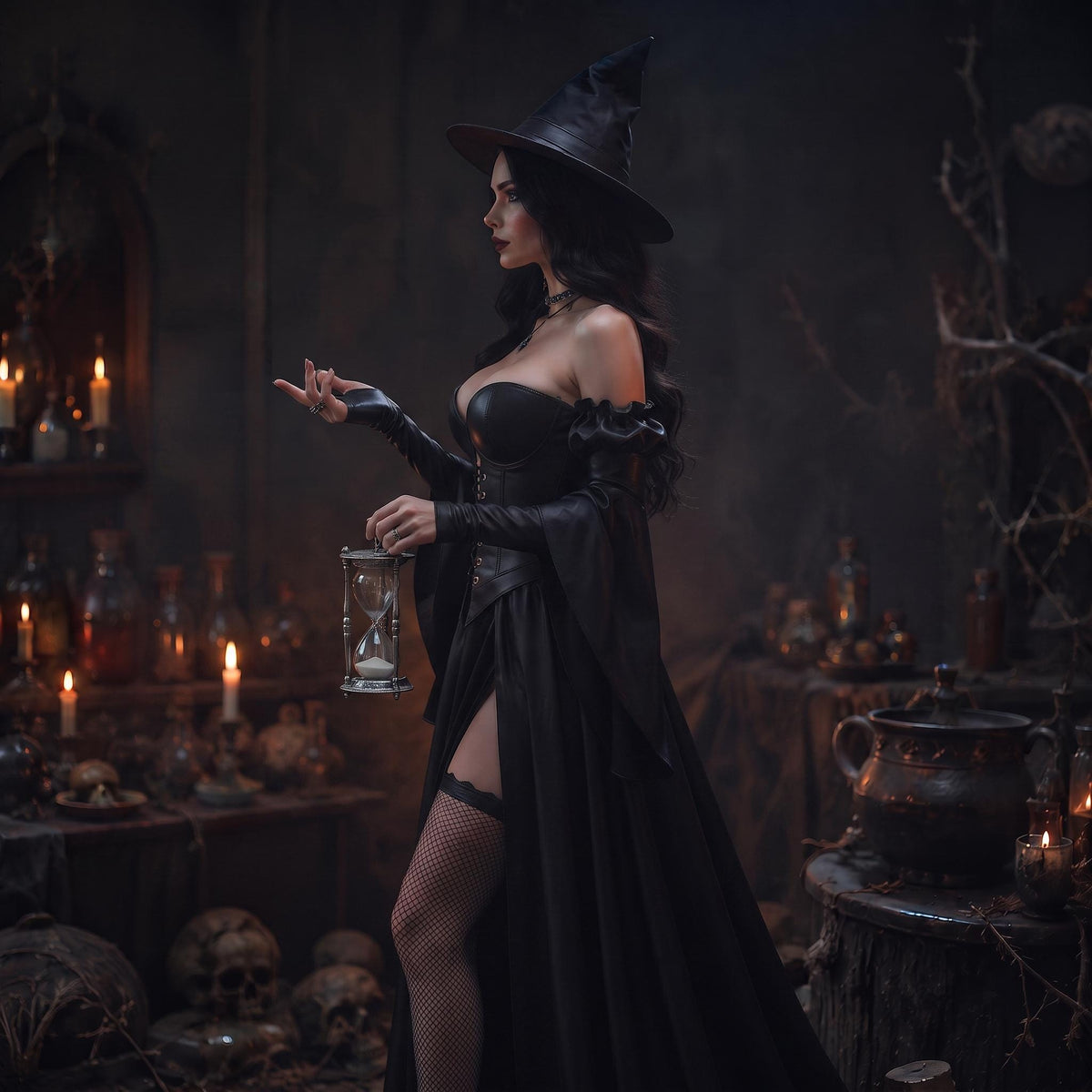 Black Women's Witch Dress | Leather Corset Hat Set | Dark Sorceress Halloween Costume