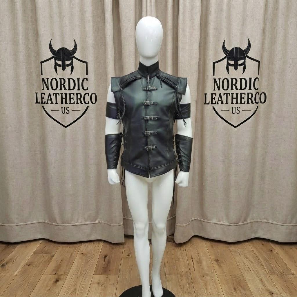 Black LARP Warrior Vest | Mens Fantasy Cosplay Costume | Medieval Leather Viking Armor