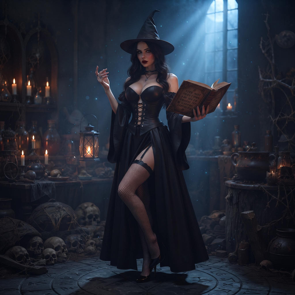 Black Women's Witch Dress | Leather Corset Hat Set | Dark Sorceress Halloween Costume