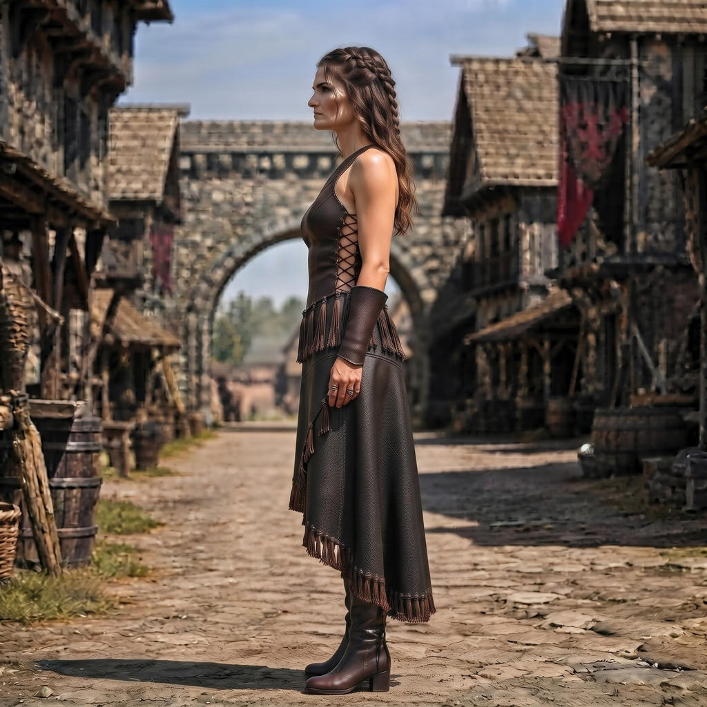 Medieval Warrior LARP Costume | Tribal Dark Fantasy Outfit | Asymmetrical Genuine Leather Dress