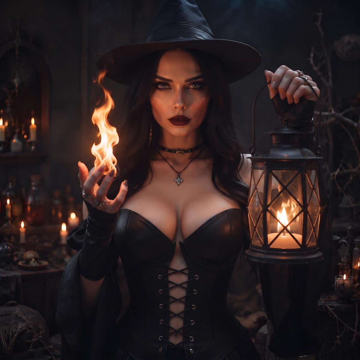 Black Women's Witch Dress | Leather Corset Hat Set | Dark Sorceress Halloween Costume