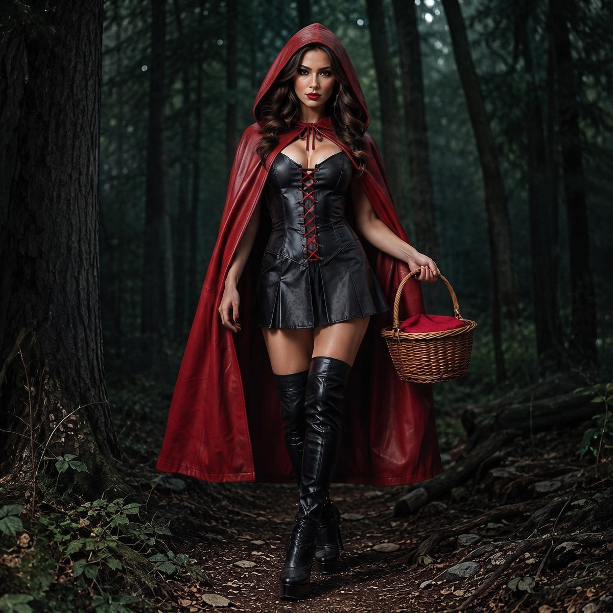 Fairytale Women's Corset Dress | Fantasy Riding Hood Costume | Red Hooded Leather Outfit