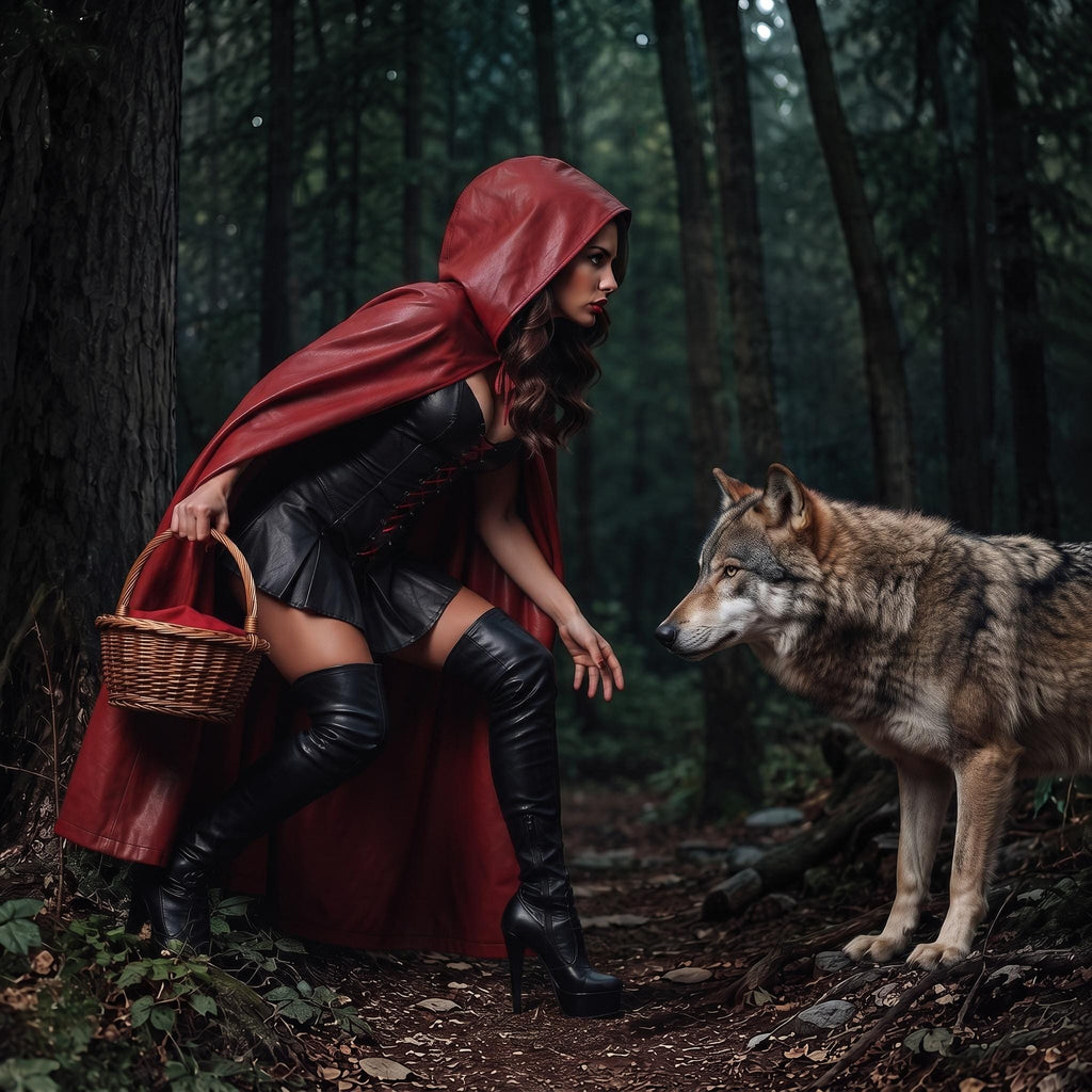 Fairytale Women's Corset Dress | Fantasy Riding Hood Costume | Red Hooded Leather Outfit