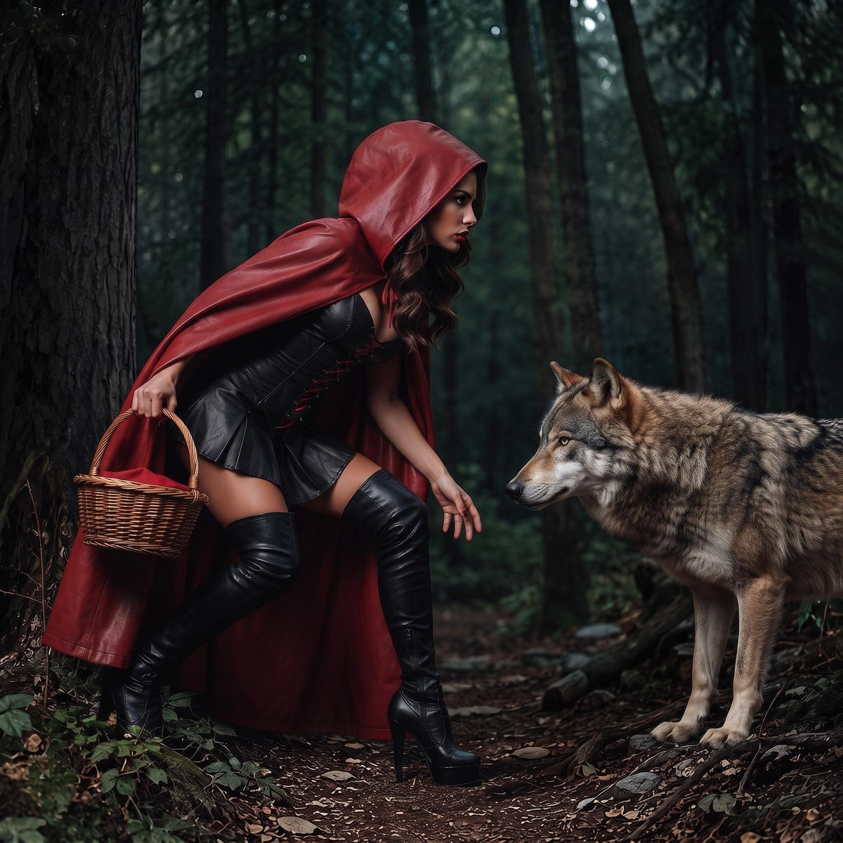 Fairytale Women's Corset Dress | Fantasy Riding Hood Costume | Red Hooded Leather Outfit