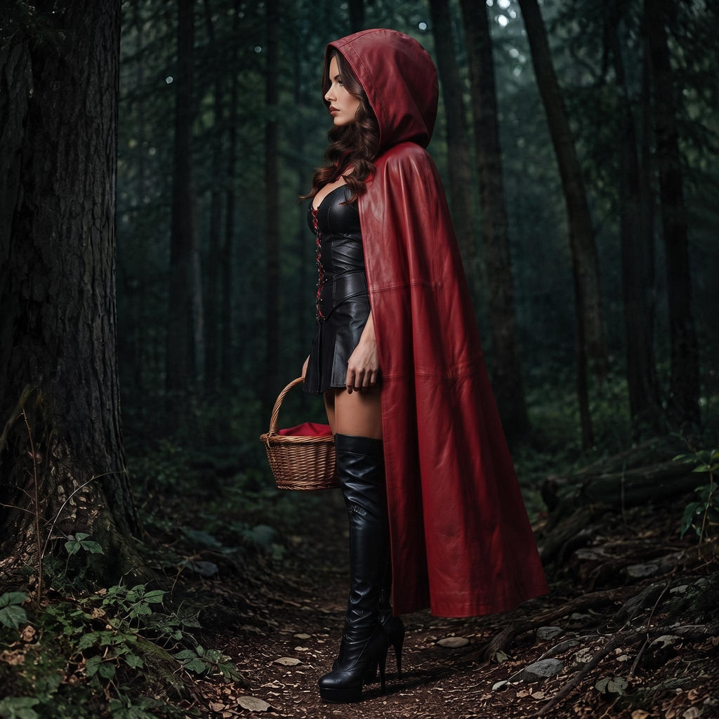 Fairytale Women's Corset Dress | Fantasy Riding Hood Costume | Red Hooded Leather Outfit