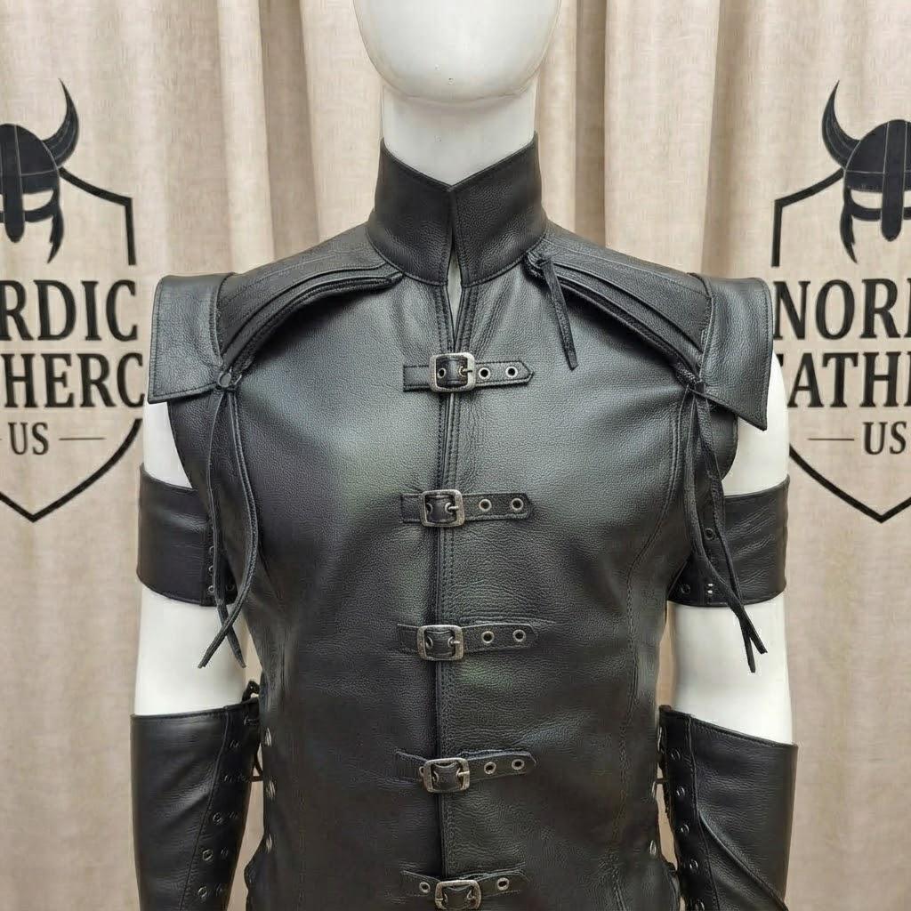 Black LARP Warrior Vest | Mens Fantasy Cosplay Costume | Medieval Leather Viking Armor