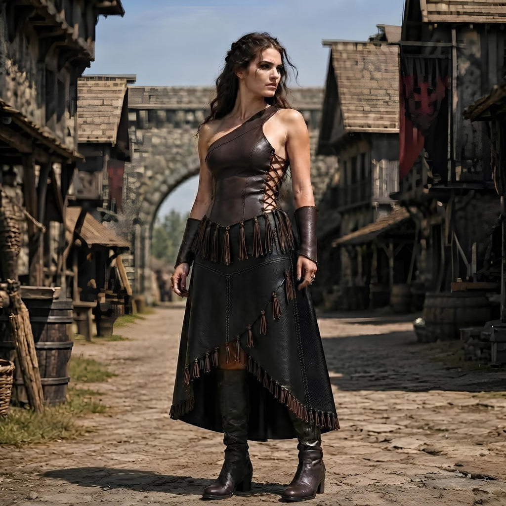 Medieval Warrior LARP Costume | Tribal Dark Fantasy Outfit | Asymmetrical Genuine Leather Dress