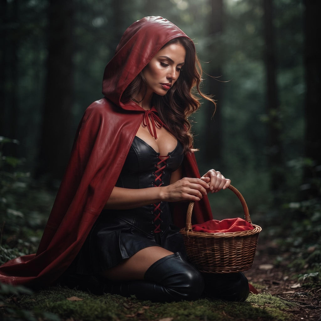 Fairytale Women's Corset Dress | Fantasy Riding Hood Costume | Red Hooded Leather Outfit