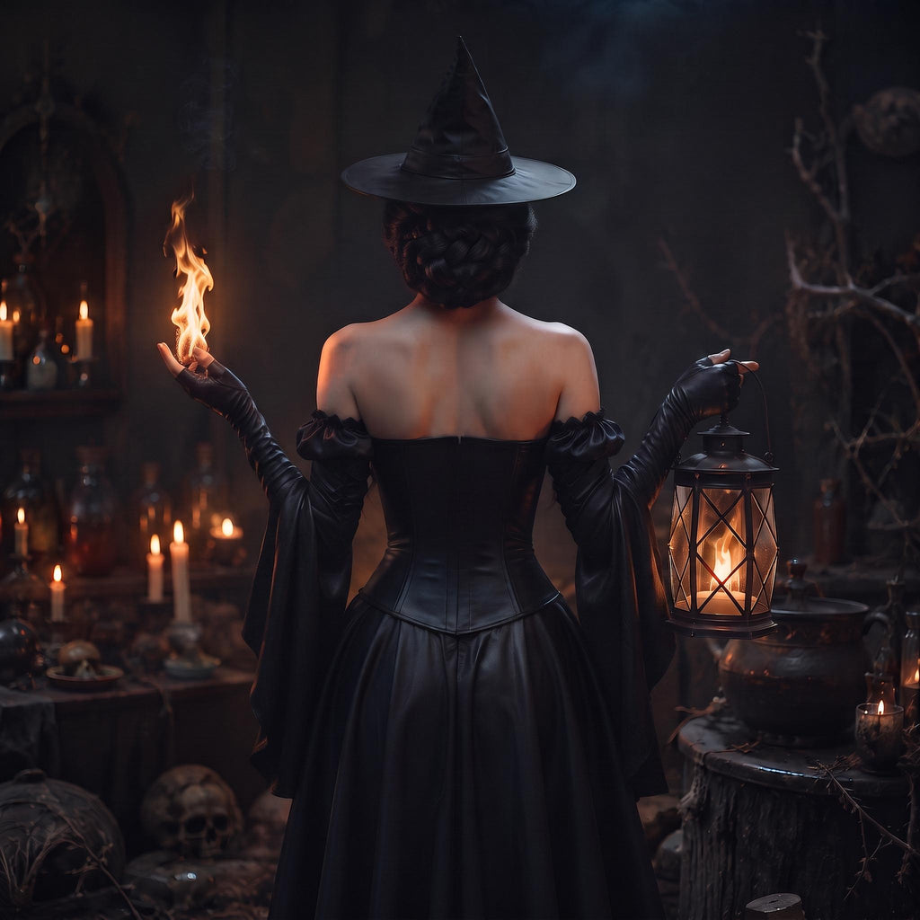 Black Women's Witch Dress | Leather Corset Hat Set | Dark Sorceress Halloween Costume