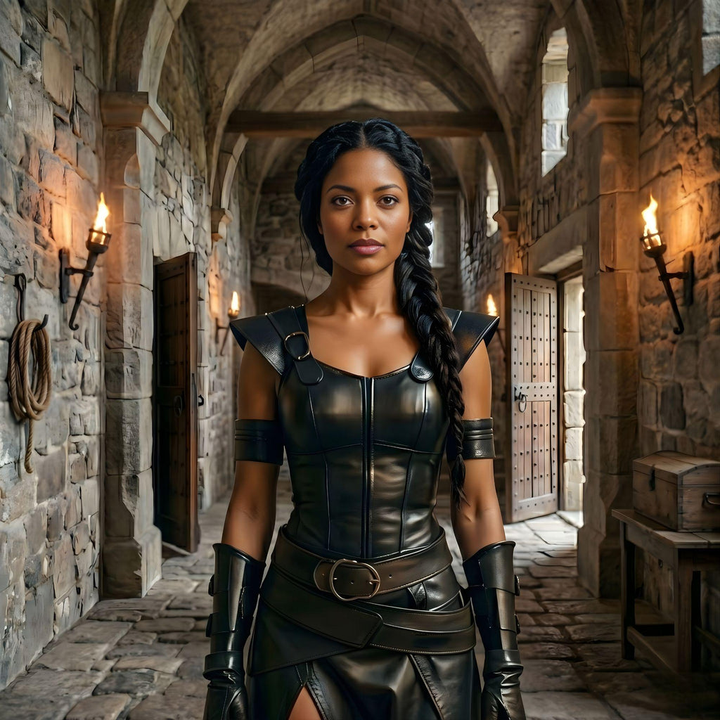 Genuine Leather Warrior Dress | Black Armored Gladiator Costume | High Slit Battle Gown | Women's Fantasy LARP Outfit | Cosplay Armor Set