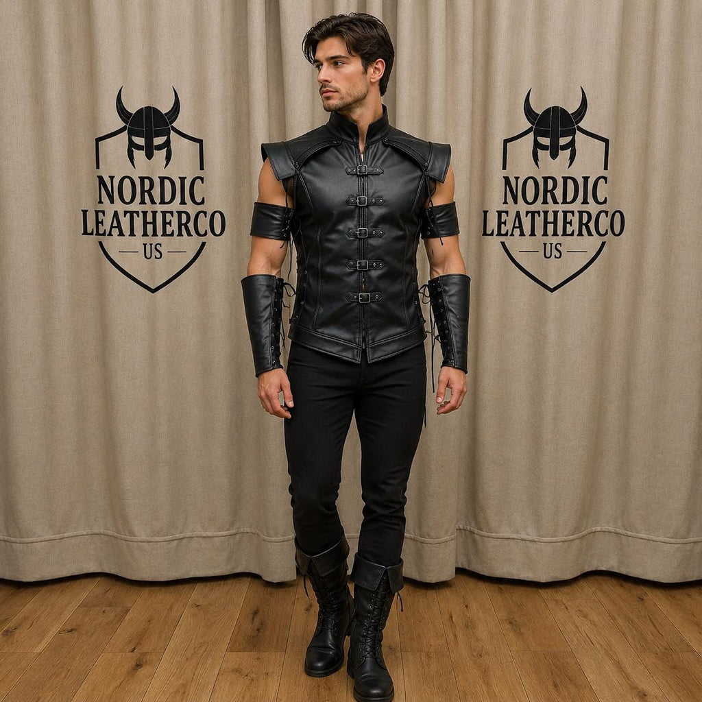 Black LARP Warrior Vest | Mens Fantasy Cosplay Costume | Medieval Leather Viking Armor