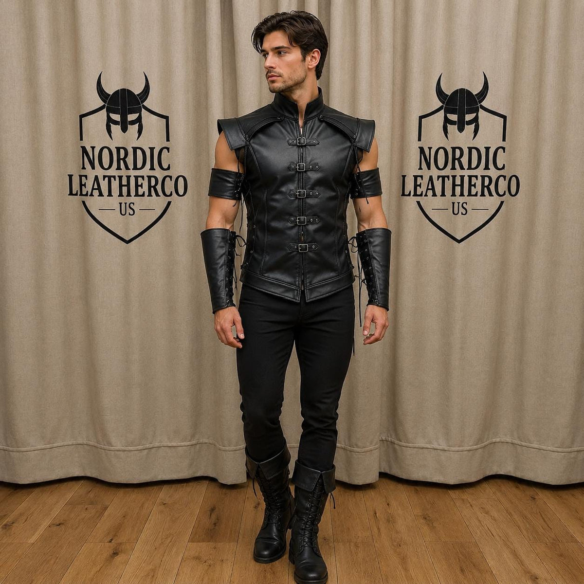 Black LARP Warrior Vest | Mens Fantasy Cosplay Costume | Medieval Leather Viking Armor