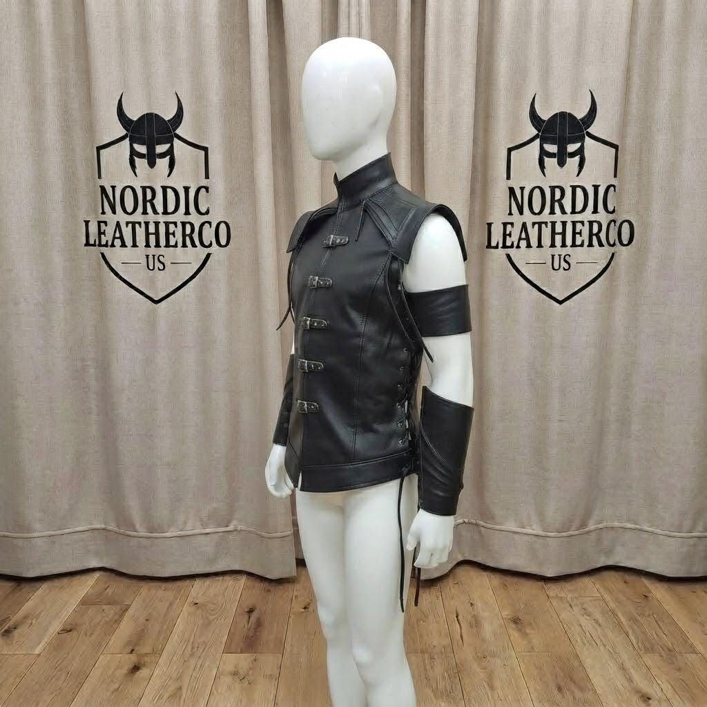 Black LARP Warrior Vest | Mens Fantasy Cosplay Costume | Medieval Leather Viking Armor
