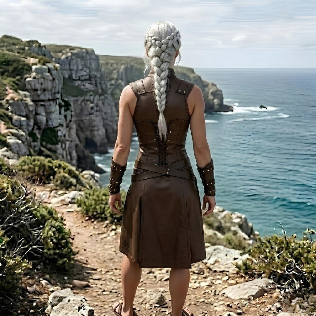 Medieval Fantasy LARP Costume | Viking Cosplay Ranger Outfit | Women's Leather Archer Dress