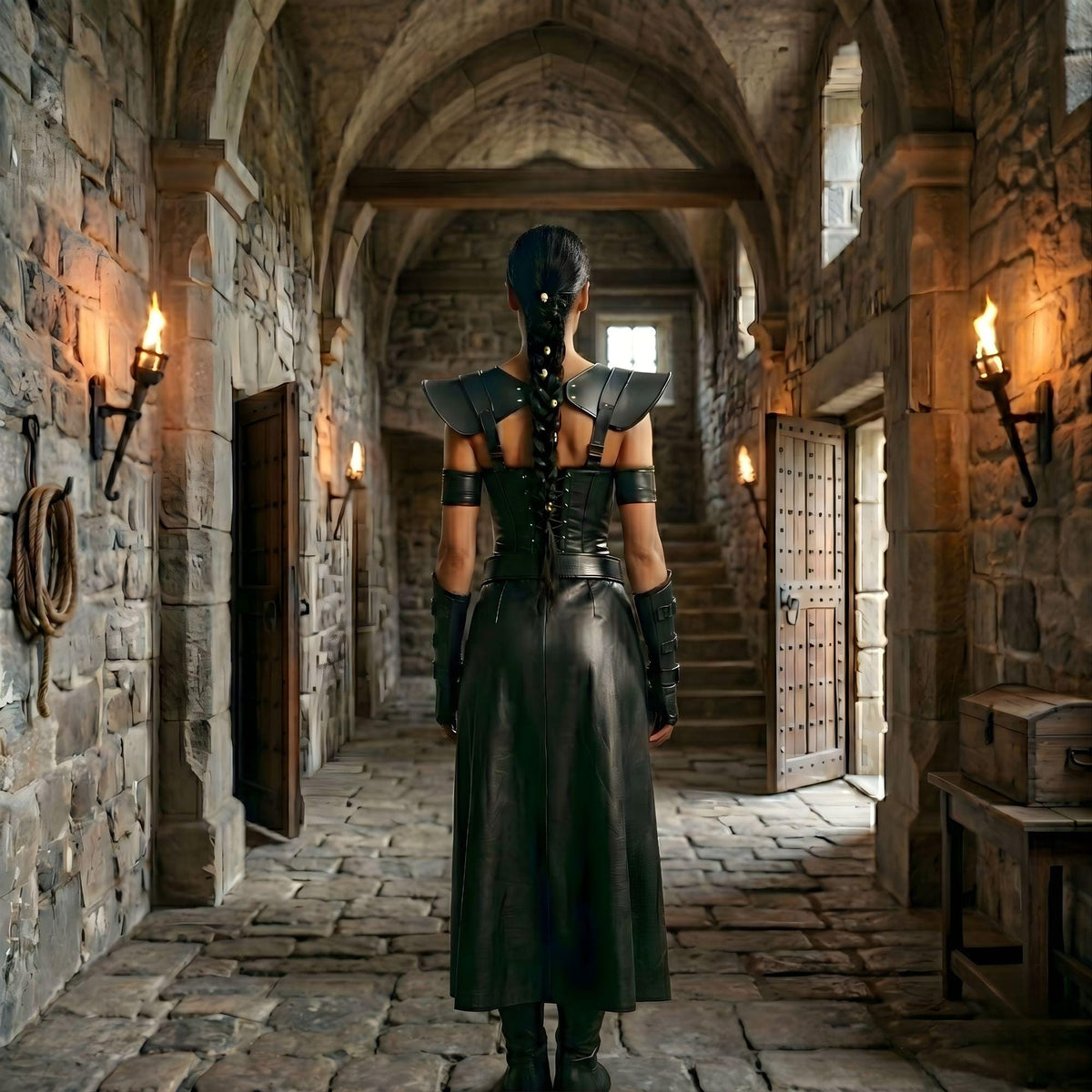 Genuine Leather Warrior Dress | Black Armored Gladiator Costume | High Slit Battle Gown | Women's Fantasy LARP Outfit | Cosplay Armor Set
