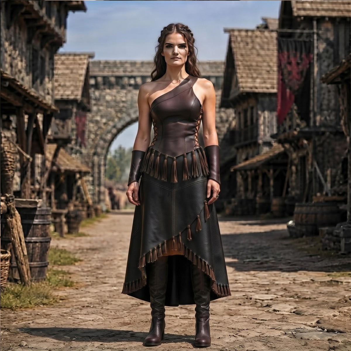 Medieval Warrior LARP Costume | Tribal Dark Fantasy Outfit | Asymmetrical Genuine Leather Dress