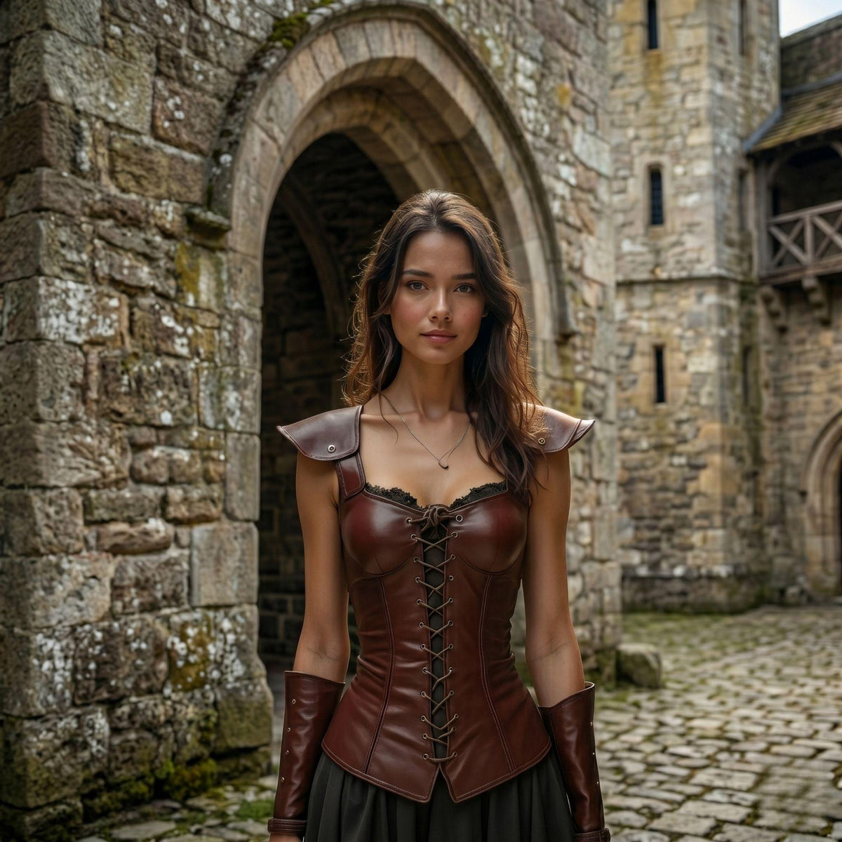 Medieval Corset Armor | Brown Leather Lace-Up Bodice | Fantasy Warrior Costume | Shoulder Armor Detailing | High Quality Genuine Leather
