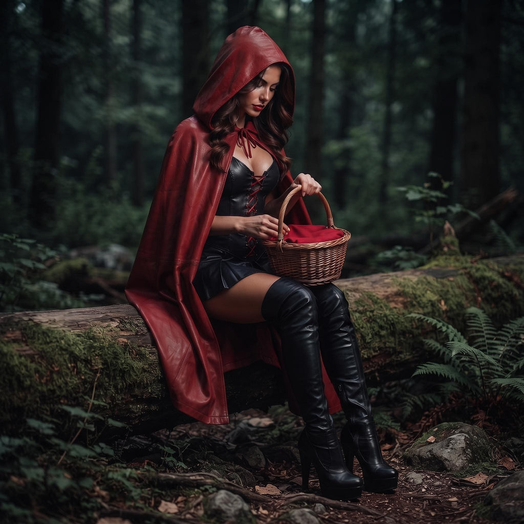 Fairytale Women's Corset Dress | Fantasy Riding Hood Costume | Red Hooded Leather Outfit