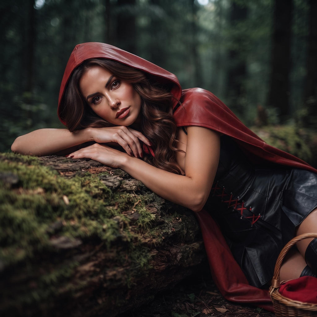 Fairytale Women's Corset Dress | Fantasy Riding Hood Costume | Red Hooded Leather Outfit