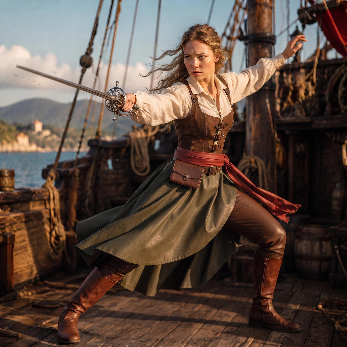 Green Asymmetric Renaissance Costume | Women's Pirate Captain Attire