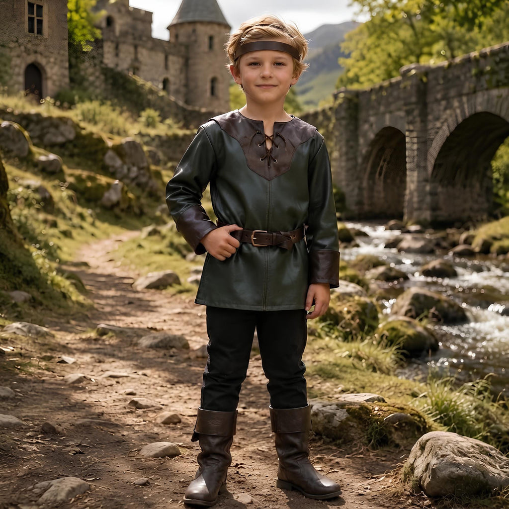 Kids Leather Medieval Tunic | Childrens Renaissance LARP Outfit | Forest Ranger Fantasy Costume