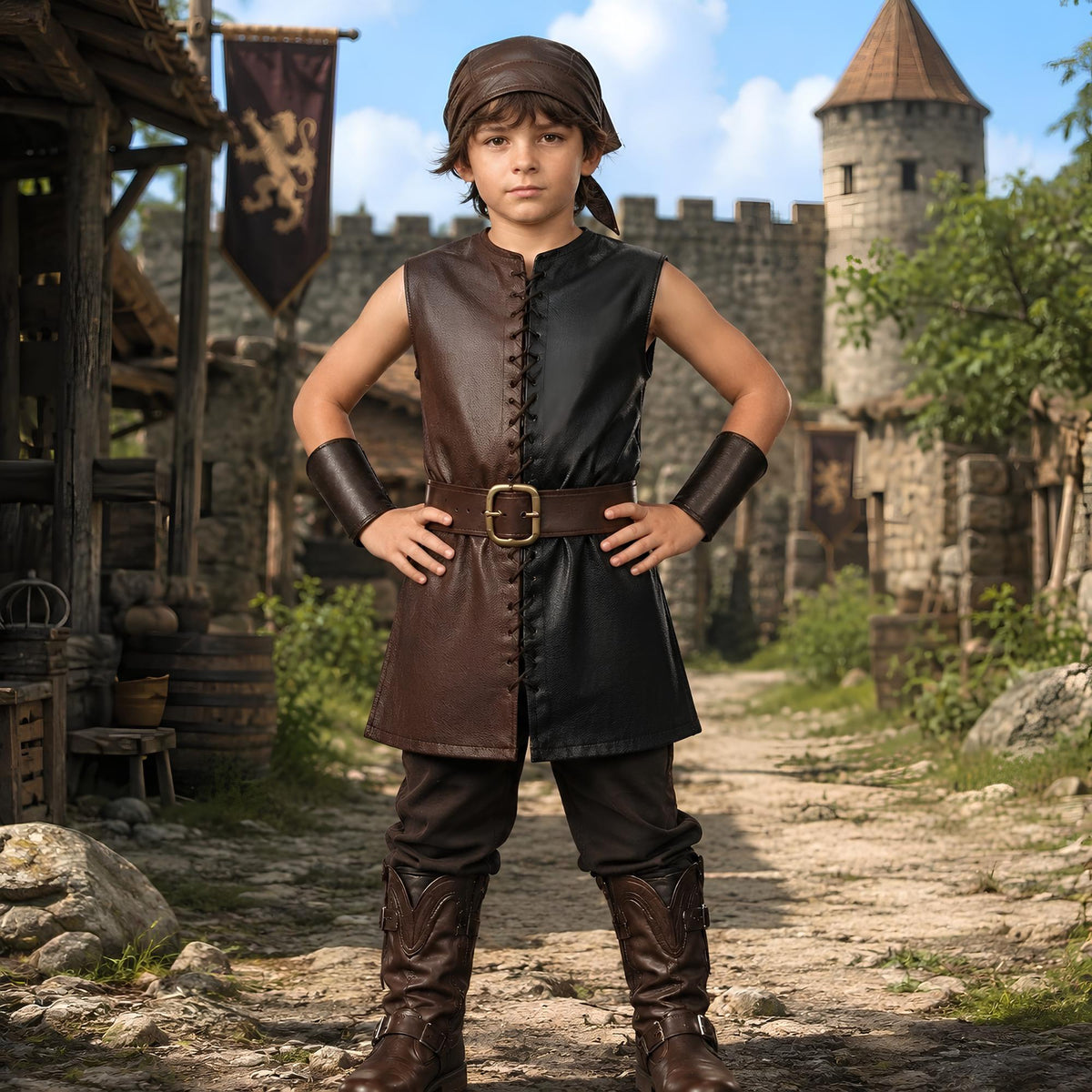 Forest Archer Costume for Kids | Split Color Leather Tunic Set | Childrens Renaissance Hunter Garb