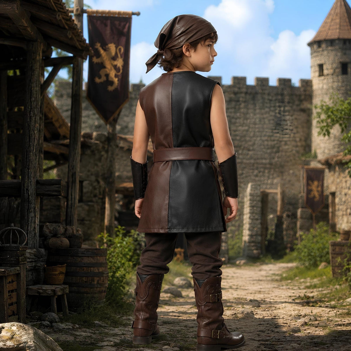 Forest Archer Costume for Kids | Split Color Leather Tunic Set | Childrens Renaissance Hunter Garb