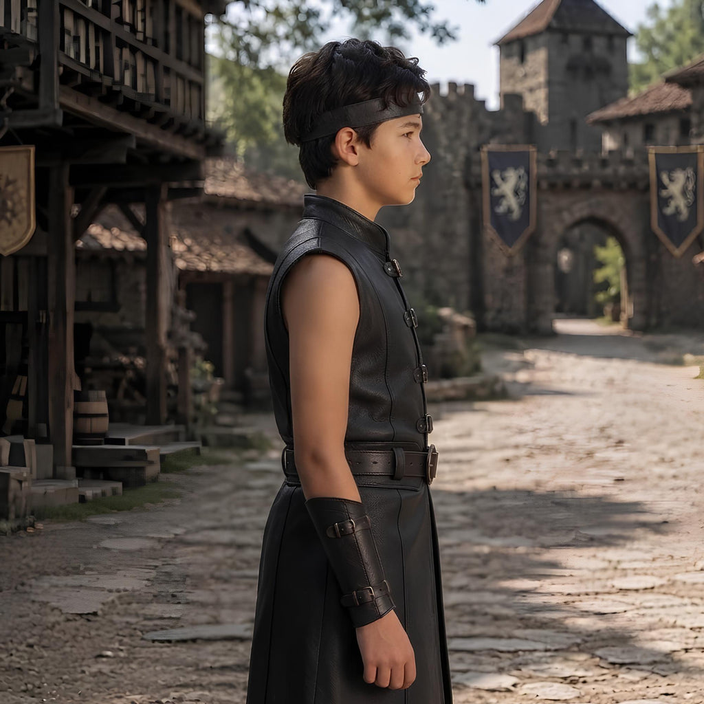 Boys Black Leather Armor Tunic | Medieval Squire Costume for Kids | Fantasy Renaissance LARP Outfit