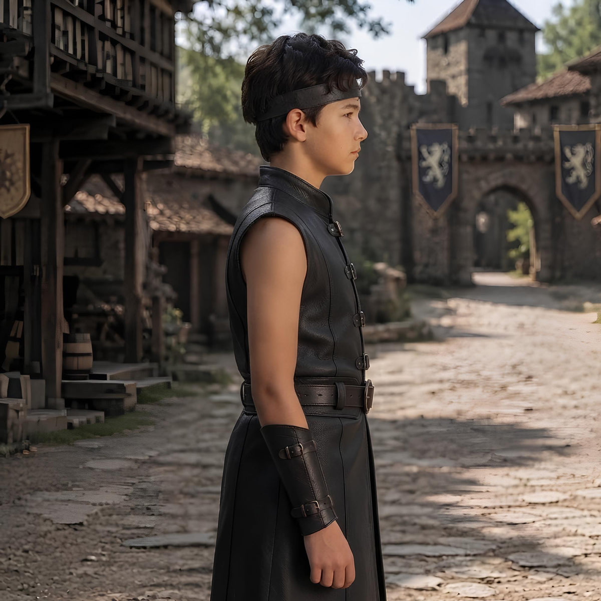 Boys Black Leather Armor Tunic | Medieval Squire Costume for Kids | Fantasy Renaissance LARP Outfit