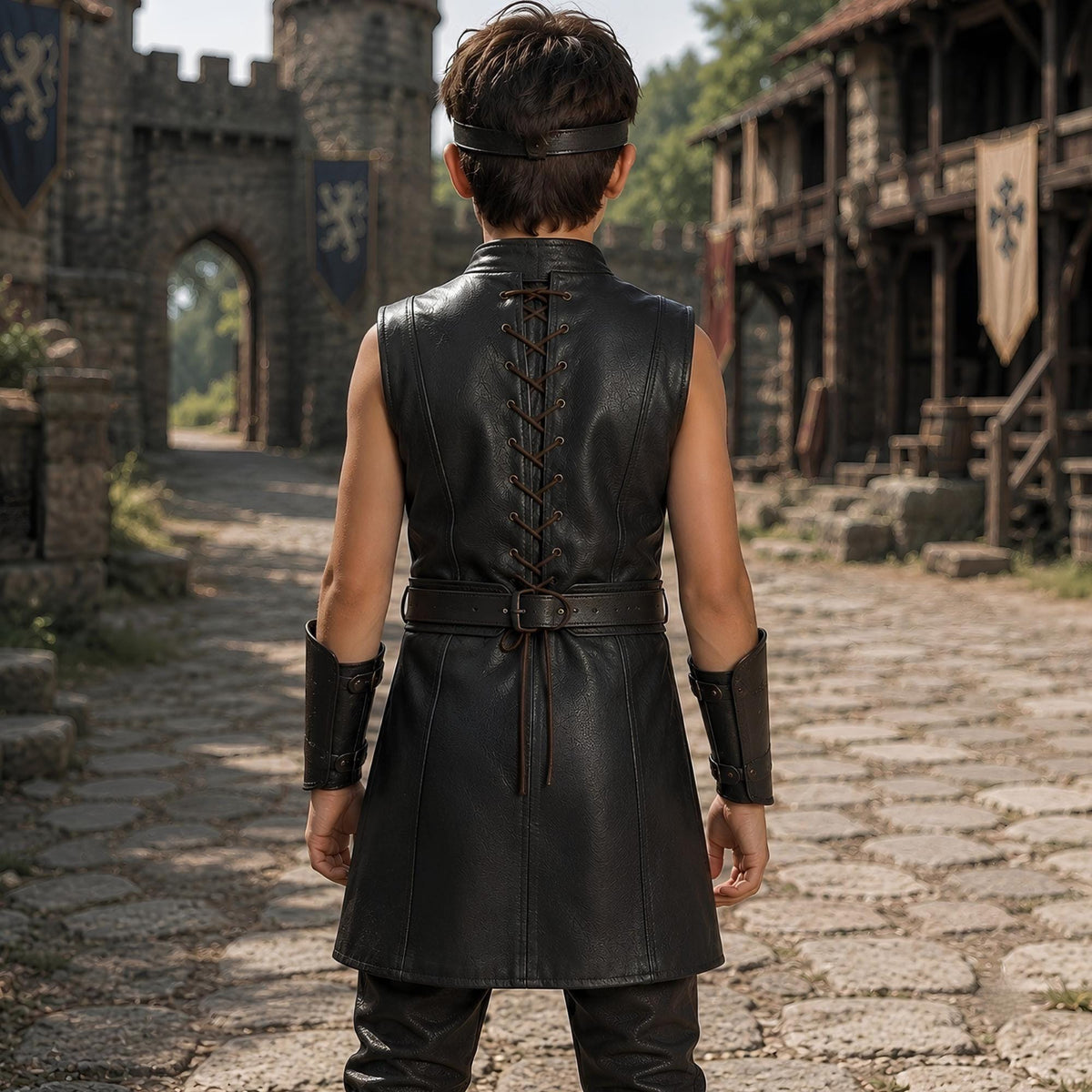 Boys Black Leather Armor Tunic | Medieval Squire Costume for Kids | Fantasy Renaissance LARP Outfit
