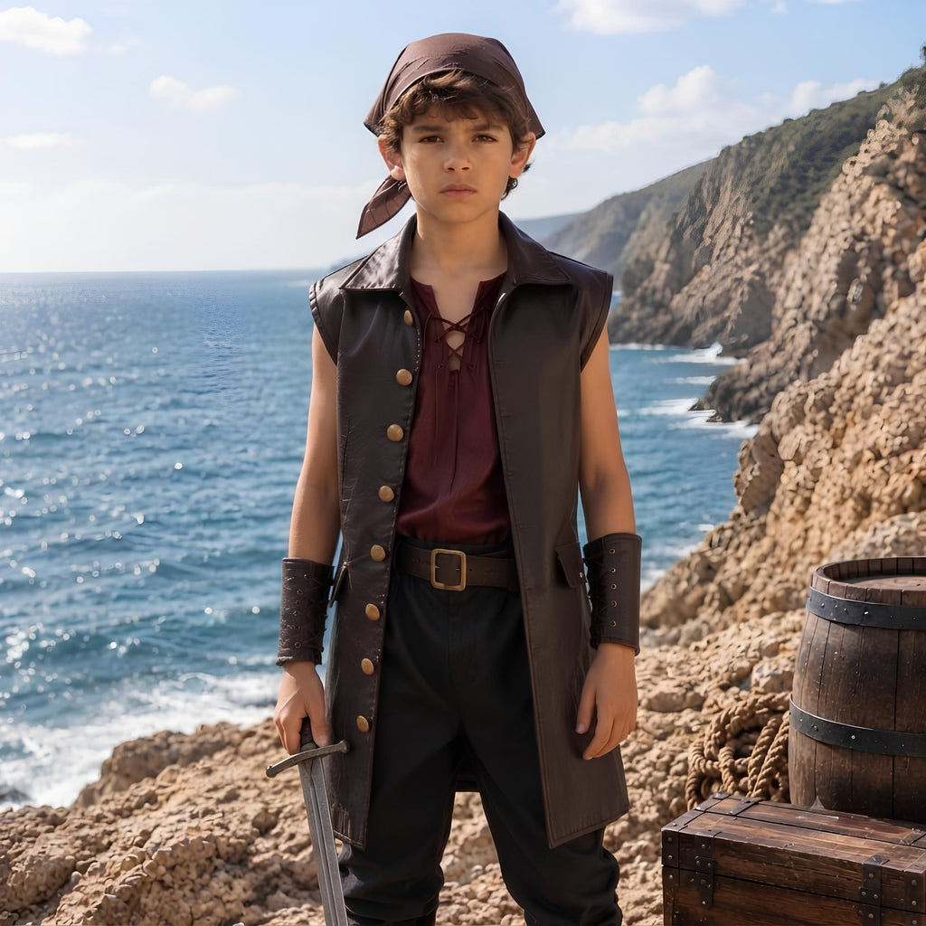 Boys Pirate Costume Vest Set | Leather Buccaneer Outfit for Kids | Renaissance LARP Sailor