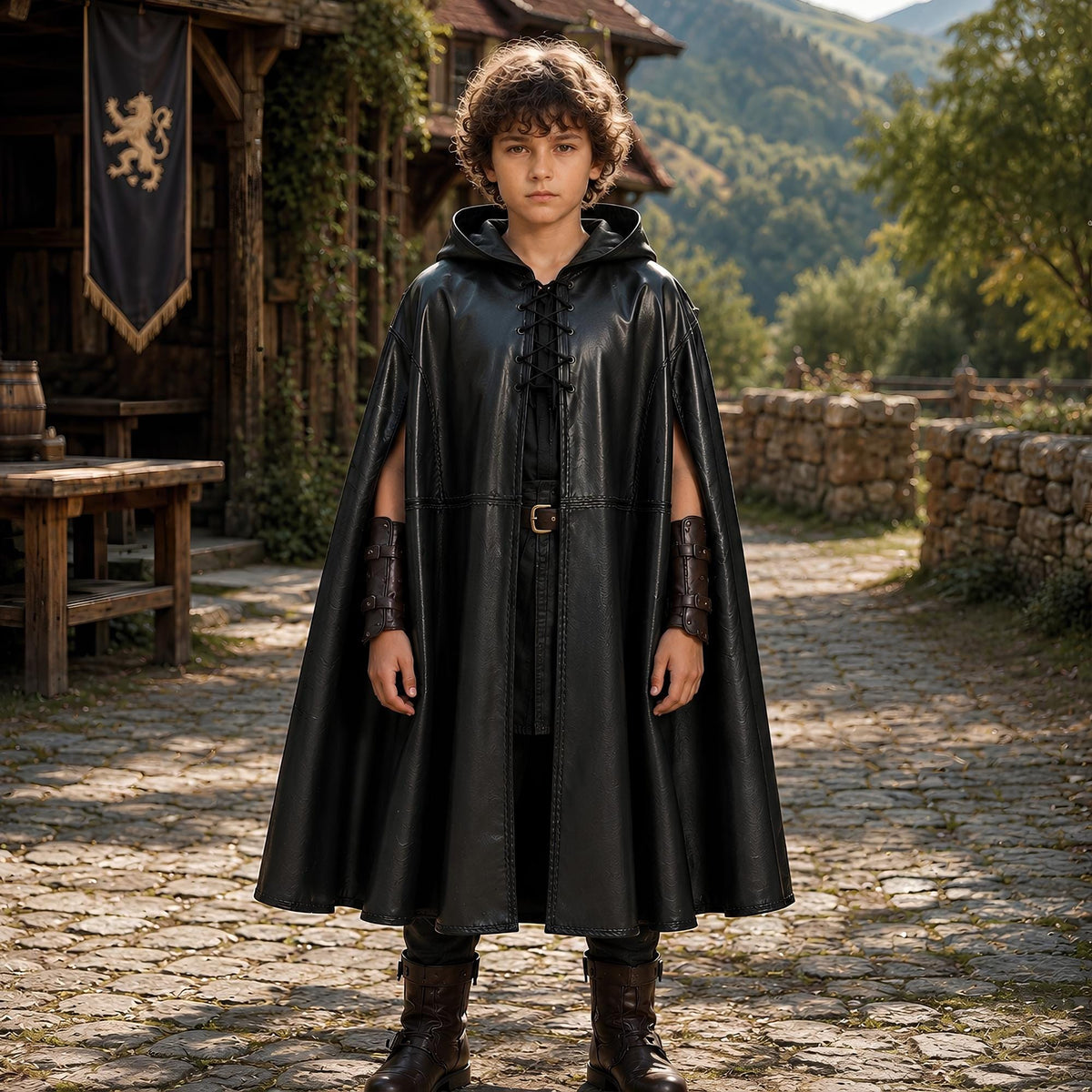 Boys Hooded Leather Cloak | Kids Medieval Rogue Outfit | Fantasy LARP Cape Costume