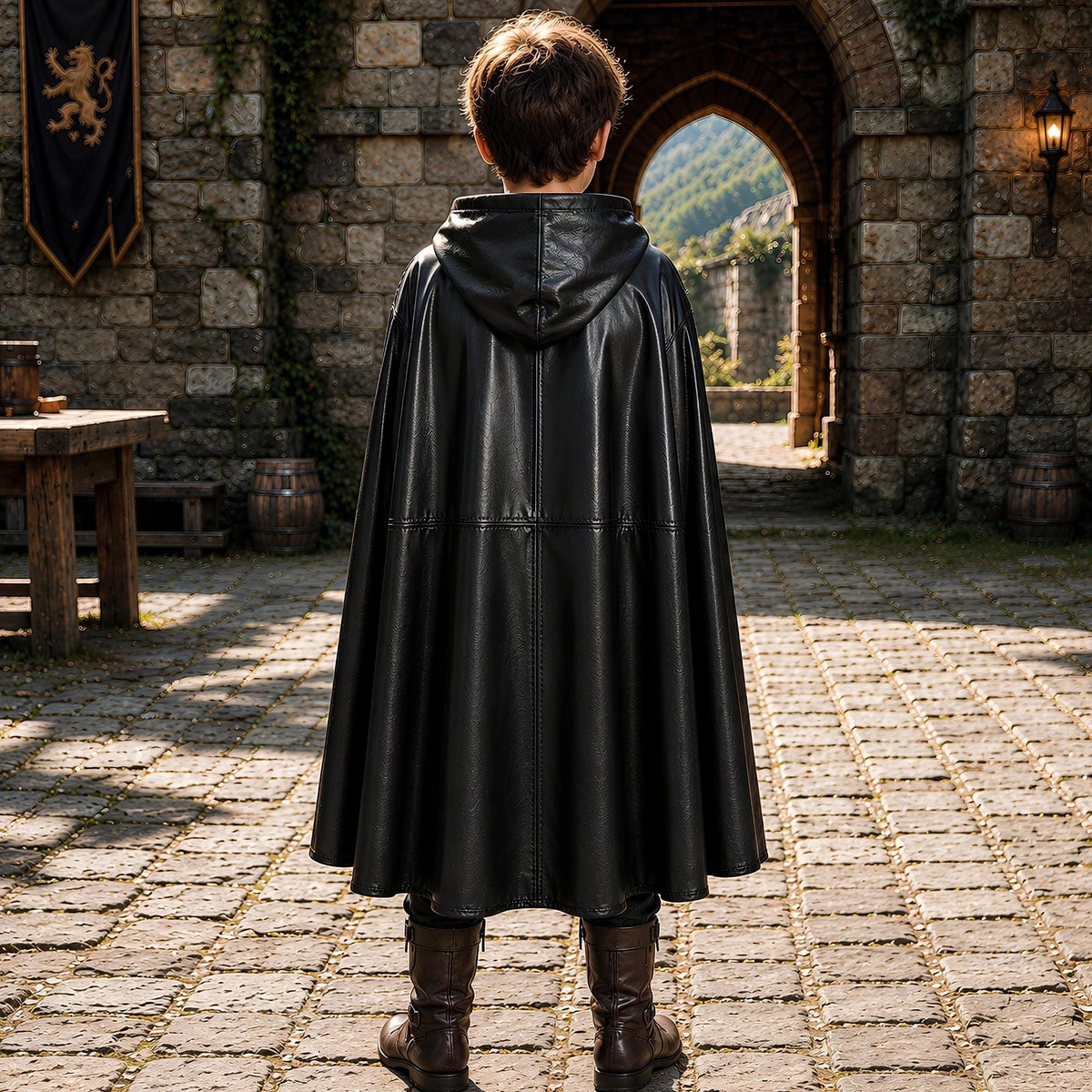 Boys Hooded Leather Cloak | Kids Medieval Rogue Outfit | Fantasy LARP Cape Costume