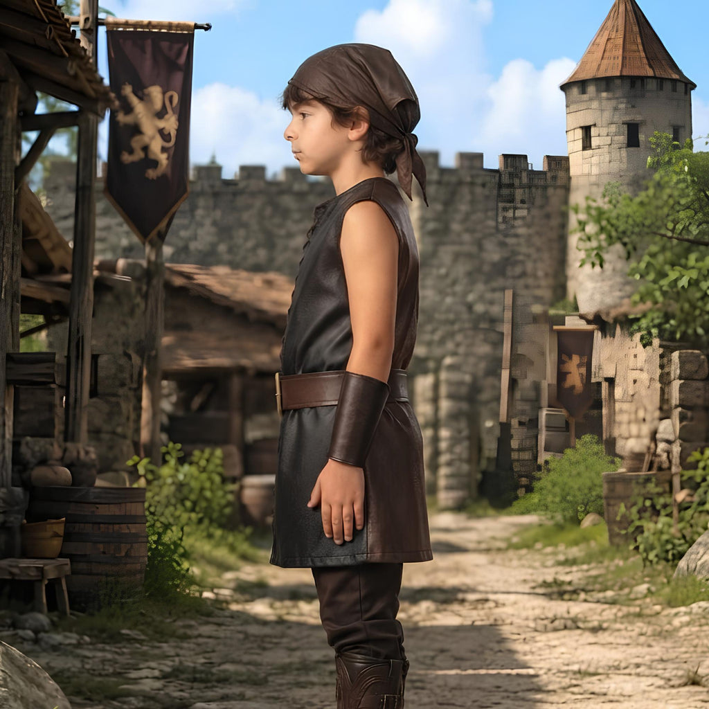 Forest Archer Costume for Kids | Split Color Leather Tunic Set | Childrens Renaissance Hunter Garb