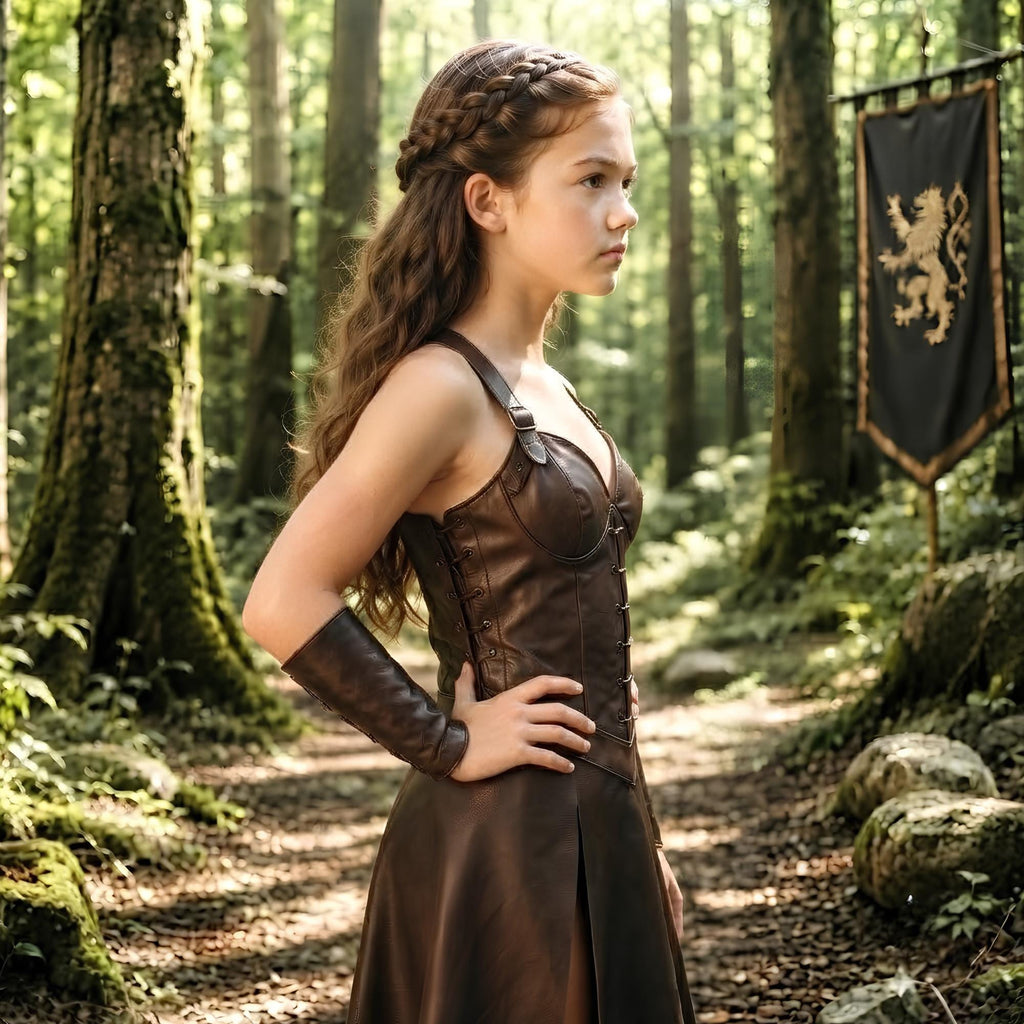 Girls Leather Medieval Dress | Amazon Warrior Fantasy Garb | Kids Renaissance Cosplay Outfit