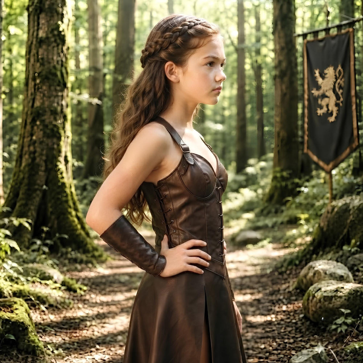 Girls Leather Medieval Dress | Amazon Warrior Fantasy Garb | Kids Renaissance Cosplay Outfit