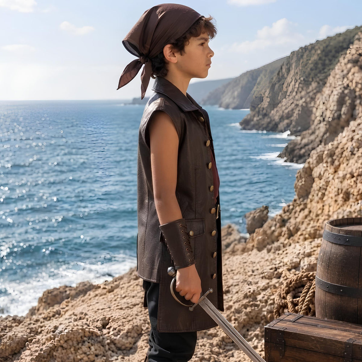 Boys Pirate Costume Vest Set | Leather Buccaneer Outfit for Kids | Renaissance LARP Sailor