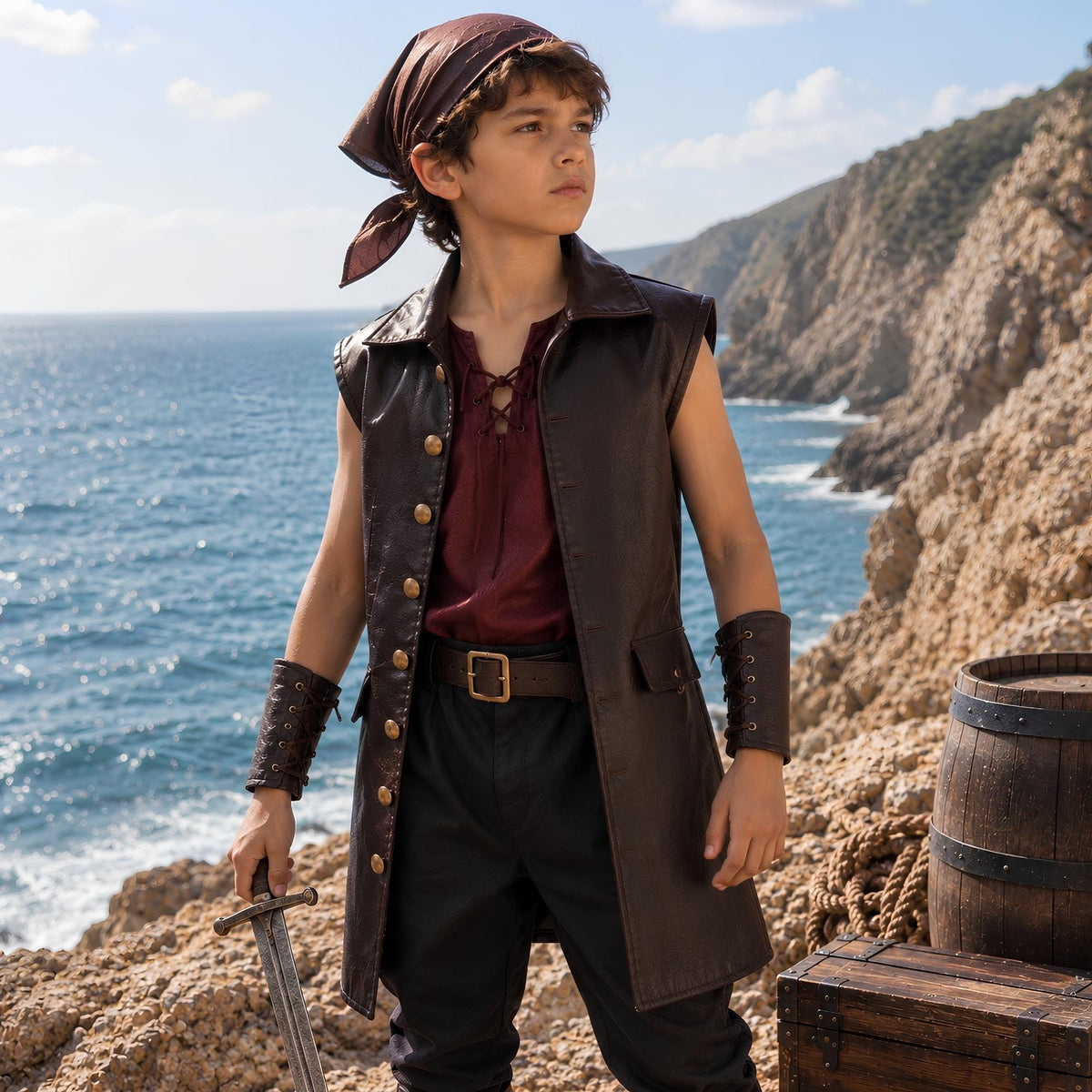 Boys Pirate Costume Vest Set | Leather Buccaneer Outfit for Kids | Renaissance LARP Sailor