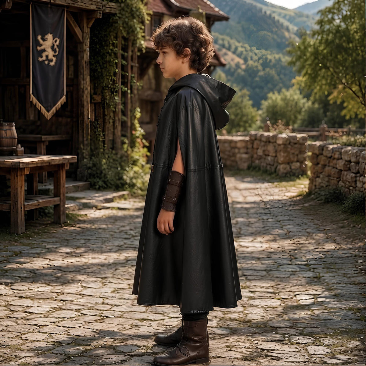 Boys Hooded Leather Cloak | Kids Medieval Rogue Outfit | Fantasy LARP Cape Costume