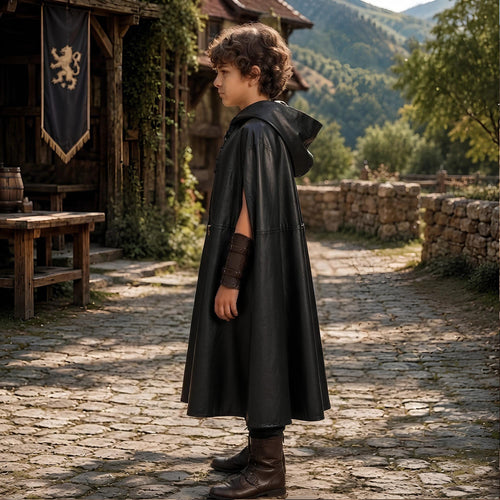 Boys Hooded Leather Cloak | Kids Medieval Rogue Outfit | Fantasy LARP Cape Costume